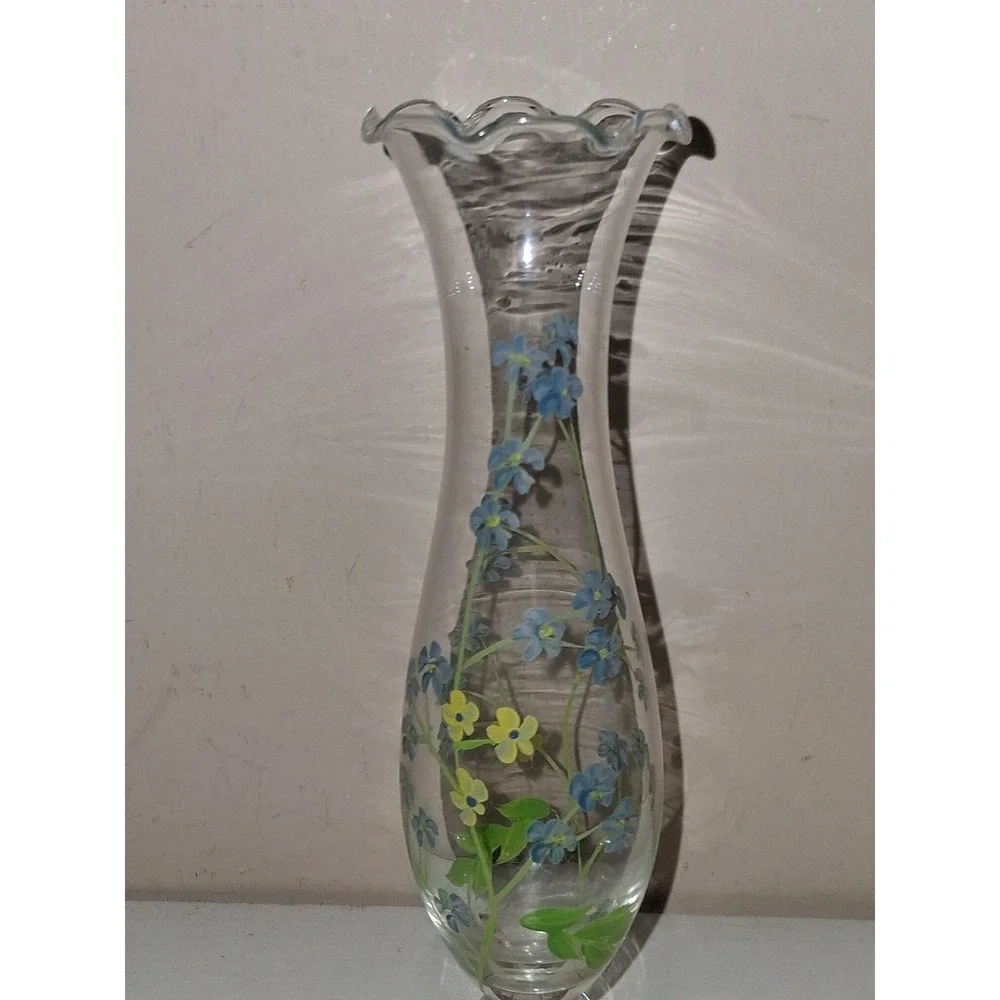 Vintage Hand Painted Glass Bud Vase Forget Me Not Flowers Ruffled Rim 7.5